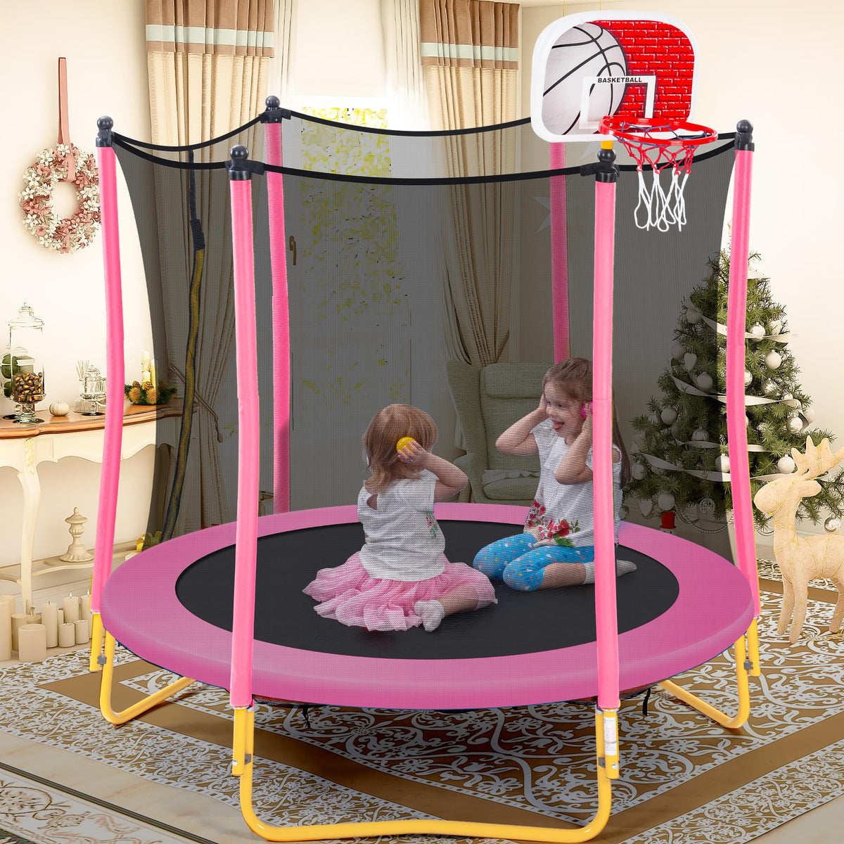 Leuco 66" Kids Trampoline with Basketball Frame, Rubber Ball and Enclosure Net, 5.5ft Mini Small Toddler Trampoline Toys for Indoor and Outdoor Use, Age for 1-8 years old