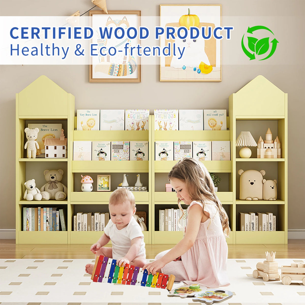 PORKISS Bookshelf for Kids, Wood Kids Bookcase with Toy Storage Organizer, Freestanding Book Shelf with 6 Compartments and 2 Baskets Bins for Kids Bedroom, Nursery, Playroom, Natural