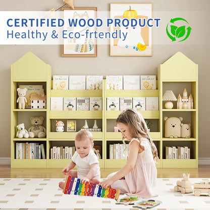 PORKISS Bookshelf for Kids, Wood Kids Bookcase with Toy Storage Organizer, Freestanding Book Shelf with 6 Compartments and 2 Baskets Bins for Kids Bedroom, Nursery, Playroom, Natural