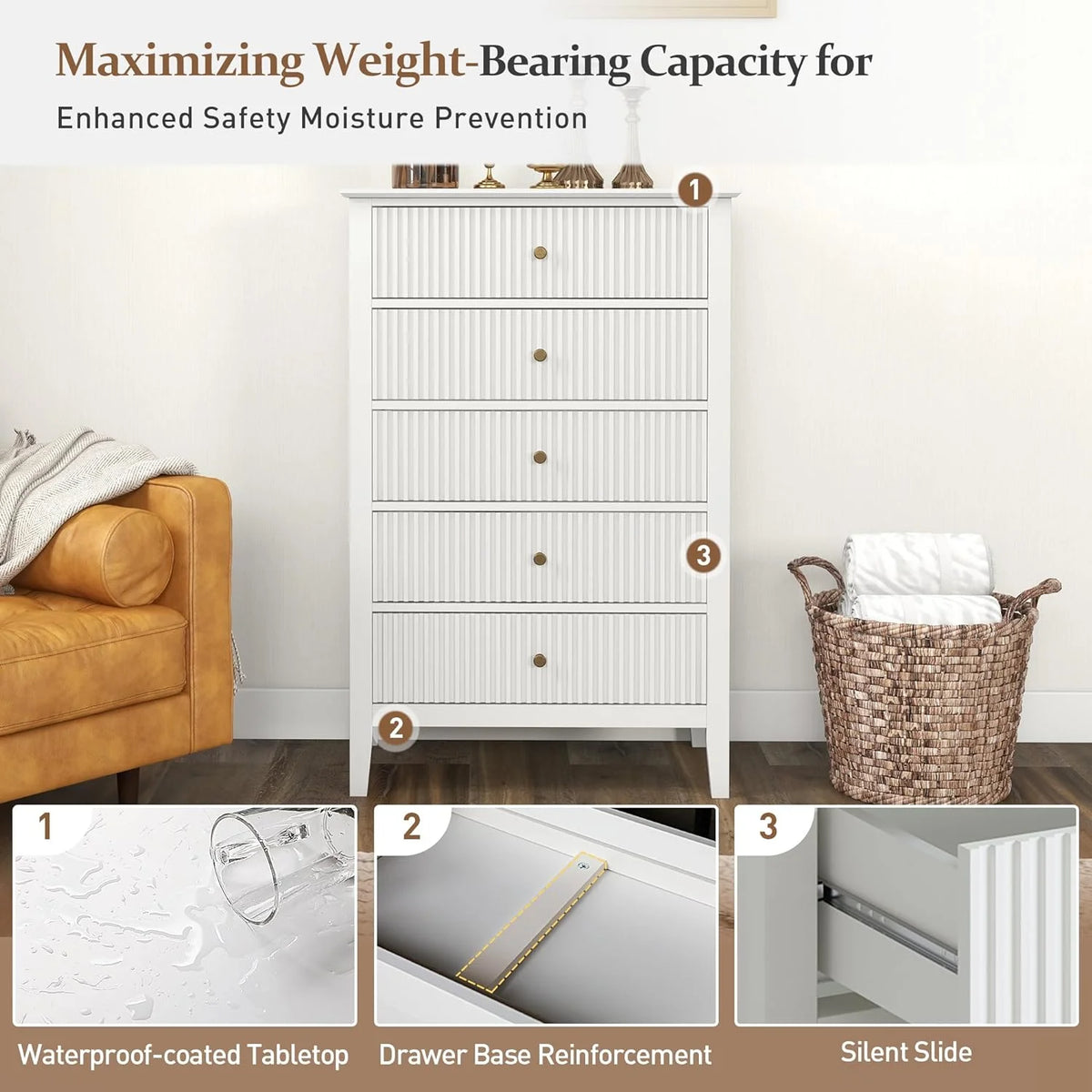 Heynemo Beige 6 Drawer Dresser, Fluted Modern Wood Chest