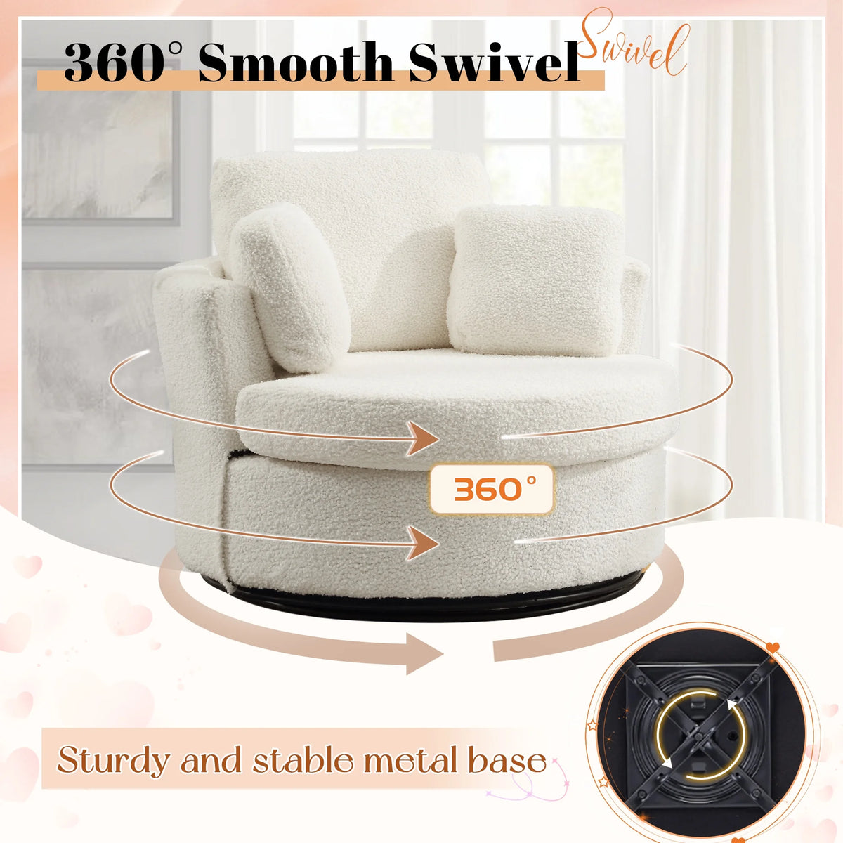 Dinosisco Oversized Swivel Barrel Accent Chair, Teddy Adult Comfy Reading Armchair, Ivory