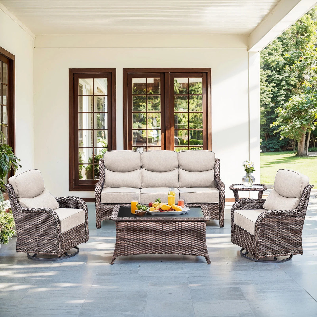Bellefurn Luxury Outdoor Patio Furniture Set,Swivel Rocker Patio Chairs with 6-inch Thick Cushion,Patio Sofa and Glass Coffee Table,Outdoor Conversation Set for Porch, Deck, Yard
