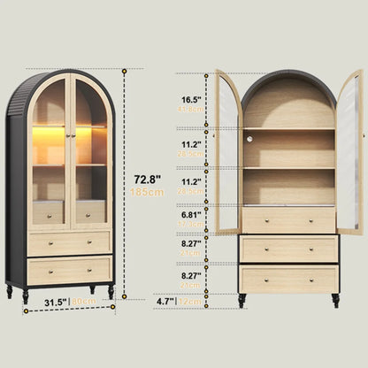 Arched Bookcase, Oak Arched Cabinet with Drawers, 71" Tall China Curio Cabinet, Display Cases for Collectibles, Vintage Bookshelf for Ding Room, Bedroom, Living Room