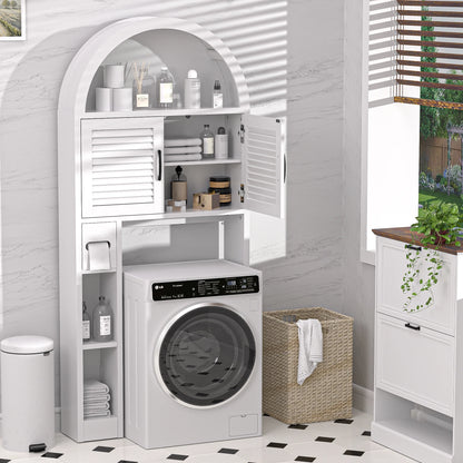 HARIPUL Over The Toilet Storage Cabinet w/ Unique Wood Grain & Arc Design, Freestanding Bathroom Shelf Organizer Space Saver w/ Doors & Anti-Tip Device, Wood Color