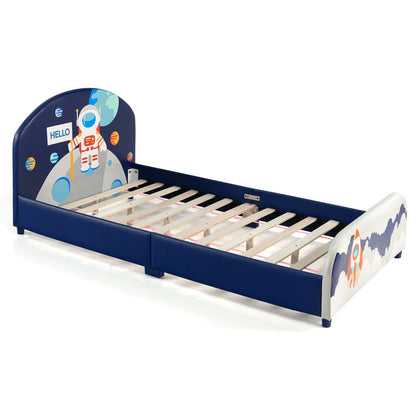 Costway Kids Upholstered Platform Bed Children Twin Size Wooden Bed Astronaut Pattern