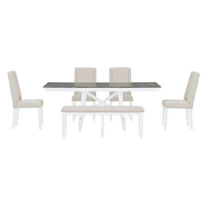 6 Piece Extendable Dining Table Set, Atumon Wood Dining Room Set for 6, Dining Table Set with 4 Beige Cushioned Chairs and Bench, Farmhouse Dining Table Set Furniture for Kitchen Dining Room, Natural