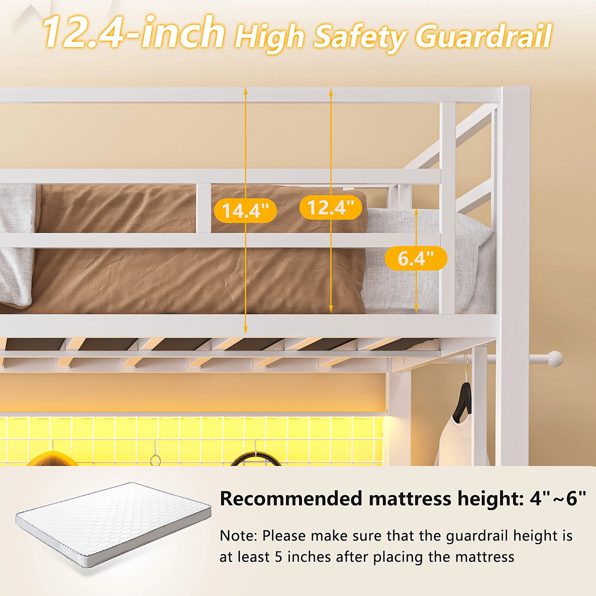 Twin Loft Bed with Desk, UHOMEPRO Metal Loft Bed with LED Lights, Charge Station, DIY Mesh, Clothes Rail, 4 Storage Shelves, Safety Rails and 2 Ladders, Loft Bed for Teen Adult, Black