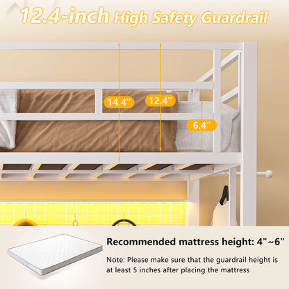 Twin Loft Bed with Desk, UHOMEPRO Metal Loft Bed with LED Lights, Charge Station, DIY Mesh, Clothes Rail, 4 Storage Shelves, Safety Rails and 2 Ladders, Loft Bed for Teen Adult, Black
