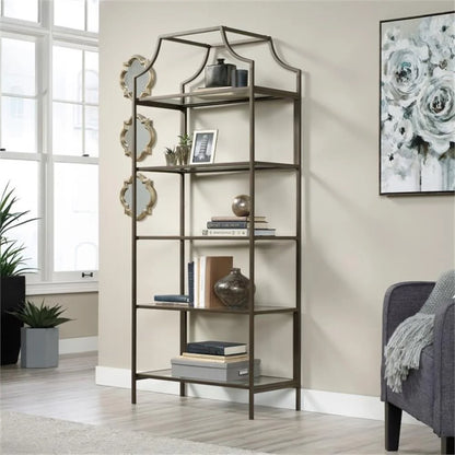 Pemberly Row 5-Shelf Modern Metal Bookcase in Gold Satin/Faux Deco Stone