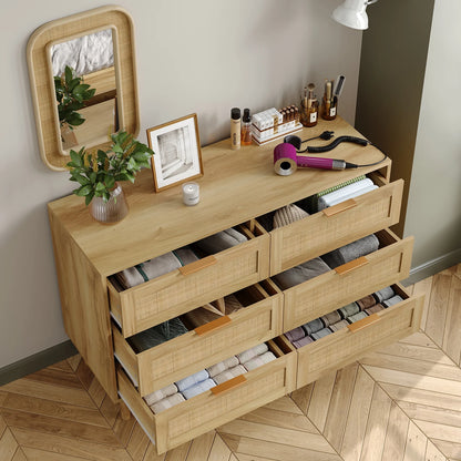 Furnihold 6 Drawer Rattan Dresser for Bedroom, Wooden Dresser Chest of Drawers, Storage Organizer for Closet, Beside Table for Living Room, Entryway