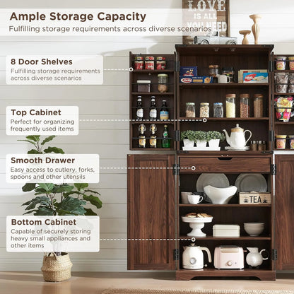 47" Kitchen Pantry, Farmhouse Storage Cabinet with Barn Doors, Organizer and Adjustable Shelves, Rustic Wood Cupboard for Kitchen, Dining Room, Bathroom and Hallway, Black