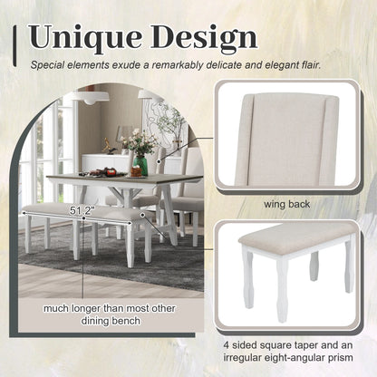 6 Piece Extendable Dining Table Set, Atumon Wood Dining Room Set for 6, Dining Table Set with 4 Beige Cushioned Chairs and Bench, Farmhouse Dining Table Set Furniture for Kitchen Dining Room, Natural