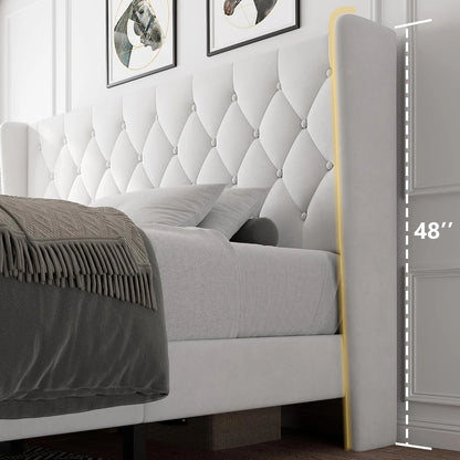 iPormis Full Size Bed Frame with Diamond Button Tufted Wingback Headboard, Upholstered Platform Bed Frame with Strong Wood Slat Support, No Box Spring Needed,Black