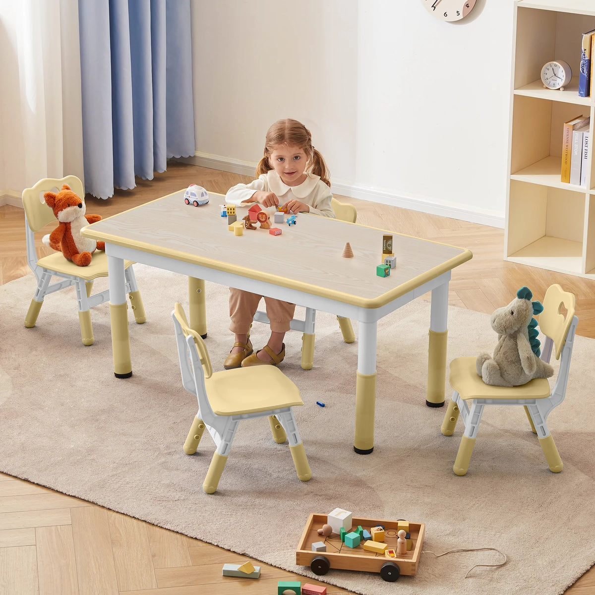 Toddler Table and Chairs Set for 4, 47.2''L x 23.6''W Kids Study Table and Chair Set, Height-Adjustable, Graffiti Desktop, Children Activity Table for Daycare, Classroom, Home