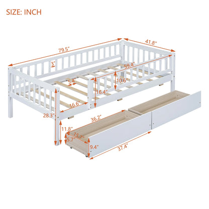 Holaki Twin Size Wood Bed with Guardrails and 2 Storage Drawers for Kids, Gray