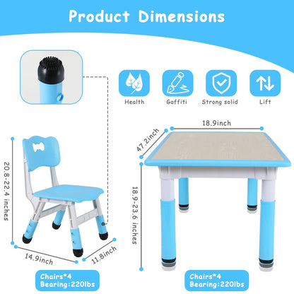 LAZY BUDDY Kids Table and 4 Chairs Set, Height Adjustable Toddler Desk with Graffiti Desktop, Kids Activity Table Set for Daycare, Home