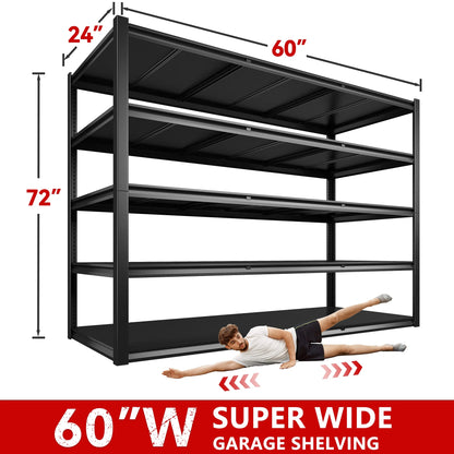 REIBII 60" W Garage Shelving 3000LBS Heavy Duty Storage Shelves Adjustable 5 Tier Metal Storage Rack,60" W x 24" D x 72" H