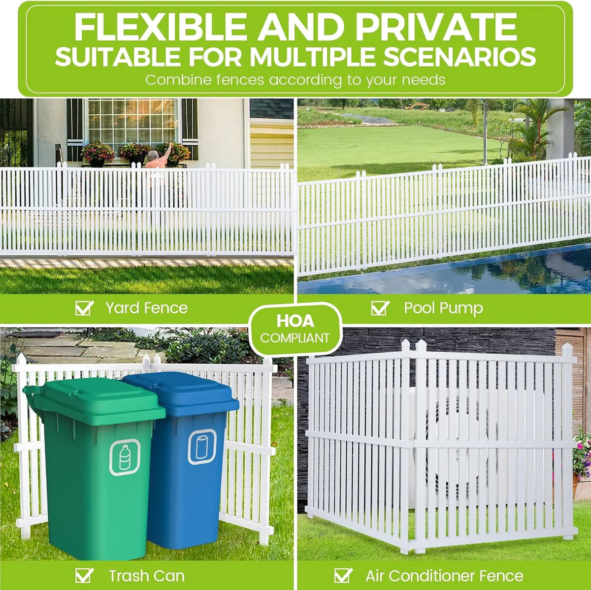 36"W X 45"H Outdoor Privacy Screen, Vinyl Air Conditioner Fence with Metal Stake, No Dig Trash Can Enclosure for Outside- 2 PVC Panels, White, Vertical
