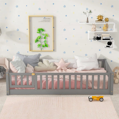 Twin Size Floor Bed Frame, Solid Wood Platform Bed Frame with Safety Fence & Small Door, Montessori Floor Bed with Slats Support for Boys Girls, No Box Spring Needed, Grey