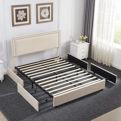 VECELO Full Bed Frame with 4 Storage Drawers (Wheeled) and Tufted Upholstered Adjustable Headboard Platform Bed, Beige