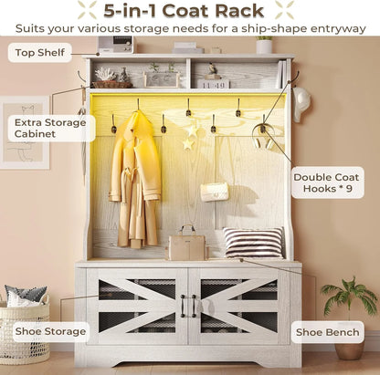 Hall Tree with Bench and Shoe Storage, 5-in-1 Entryway Bench with Coat Rack, 10 Shoe Cubbies & 9 Coat Hooks, Barn Door & Adjustable Shelf, Rustic Brown