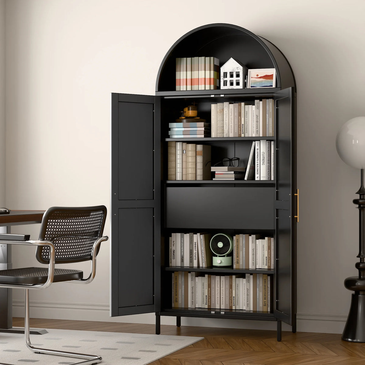 SUPEER Metal Arched Storage Display Cabinet with Glass Doors and Adjustable Shelves, Lockable Cabinet, Assembly Required, Black