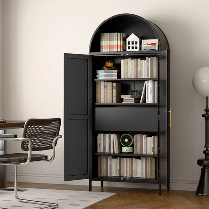 SUPEER Metal Arched Storage Display Cabinet with Glass Doors and Adjustable Shelves, Lockable Cabinet, Assembly Required, Black