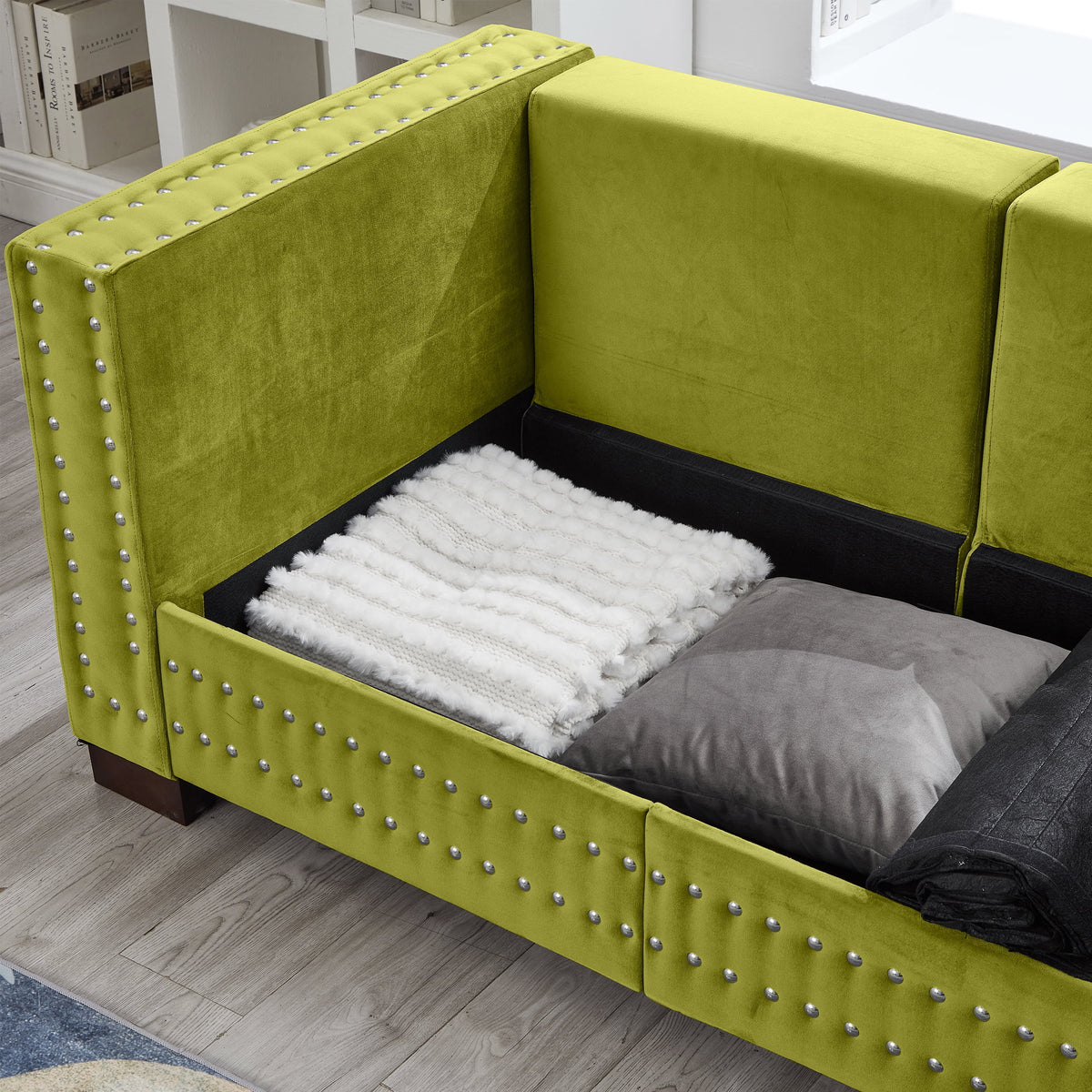 Modern Velvet Sofa Set 2+3 Seater Sofa Loveseat Couch with Silver Nail Trim, Square Armrests and Hidden Storage, Luxury Living Room Couch with Pocket Spring Cushions