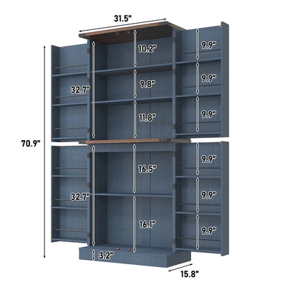 71" Tall Farmhouse Kitchen Pantry with 12 Side Shelves & Adjustable Shelves, 5 Layers Pantry Storage Cabinet w/Load-Bearing Steel Pipe & 4 Barn Doors for Kitchen, Dining Room, Living Room, Brown