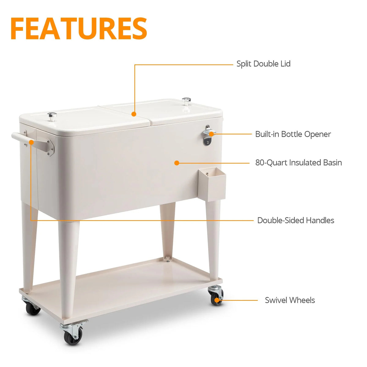 BNSPLY 80 Quart Outdoor Cooler Cart Rolling Ice Chest Cooler Cart, Portable Patio Cooler with Bottle Opener, Handles and Drainage, Standing Cooler for Patio Party, Camping and BBQ, Mint Green