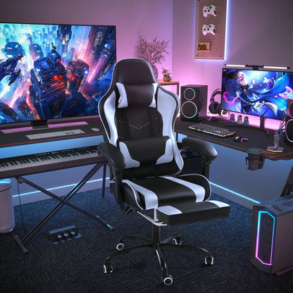 Lacoo PU Leather Gaming Chair Massage Ergonomic Gamer Chair Height Adjustable Computer Chair with Footrest & Lumbar Support, White