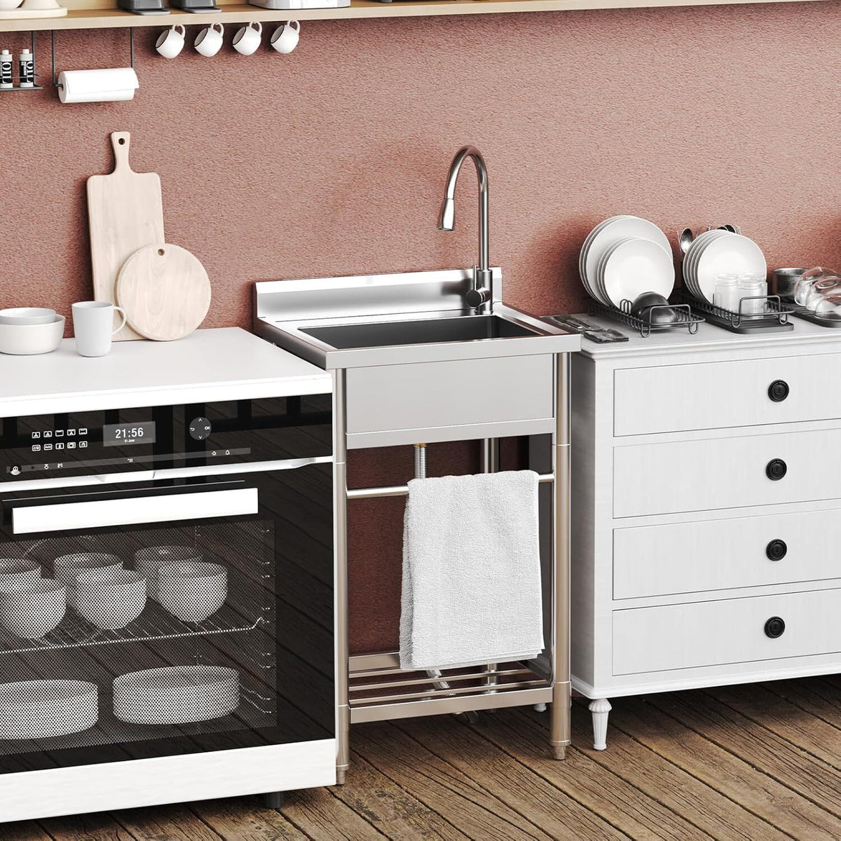 Garvee Utility Sink,24"Dx20"Wx41"H,Stainless Steel Sink with Hot & Cold Hoses,Storage Shelve,Faucet for Kitchen,Laundry Room,Backyard,Garage