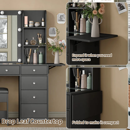 Yanosaku Vanity With Power Outlet, Vanity Desk With Mirror And 10 LED Lights, 10 Drawers Makeup Vanity With 6 Shelves, Fold-Up Panel, Vanity Table With Chair For Bedroom