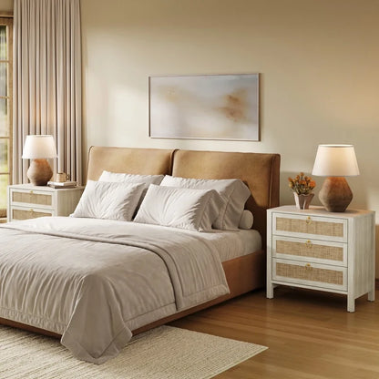 Surmoby Oak Boho 3-Drawer Nightstand Set of 2 - Extra Wide Storage Night Stand with Gold Handles Large&Tall Bed Side Table for Bedroom Living Room Enterway