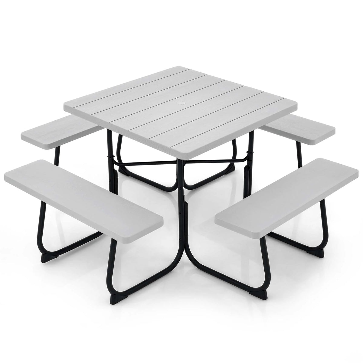 Costway Outdoor 8-person Square Picnic Table Bench Set with 4 Benches & Umbrella Hole White