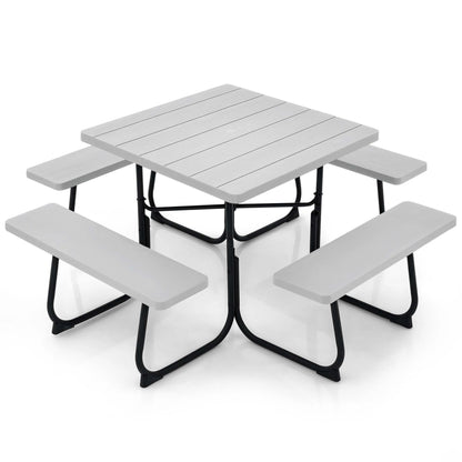 Costway Outdoor 8-person Square Picnic Table Bench Set with 4 Benches & Umbrella Hole White