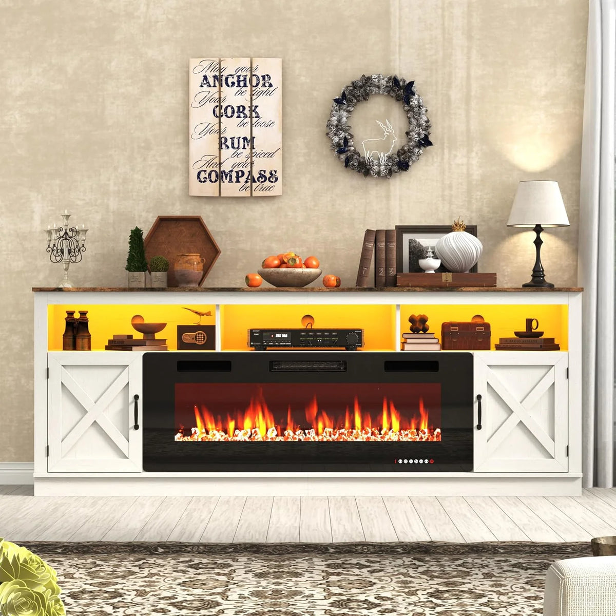 ChVans 70" Fireplace TV Stand for TVs up to 80" with 36" Electric Fireplace, Farmhouse Entertainment Center with LED, Wooden Media Console for Living Room, Bedroom