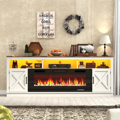 ChVans 70" Fireplace TV Stand for TVs up to 80" with 36" Electric Fireplace, Farmhouse Entertainment Center with LED, Wooden Media Console for Living Room, Bedroom