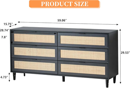 Wide 6 Drawer Rattan Dresser, Boho Dresser for Bedroom, Wooden Dresser Chest of Drawers, Natural