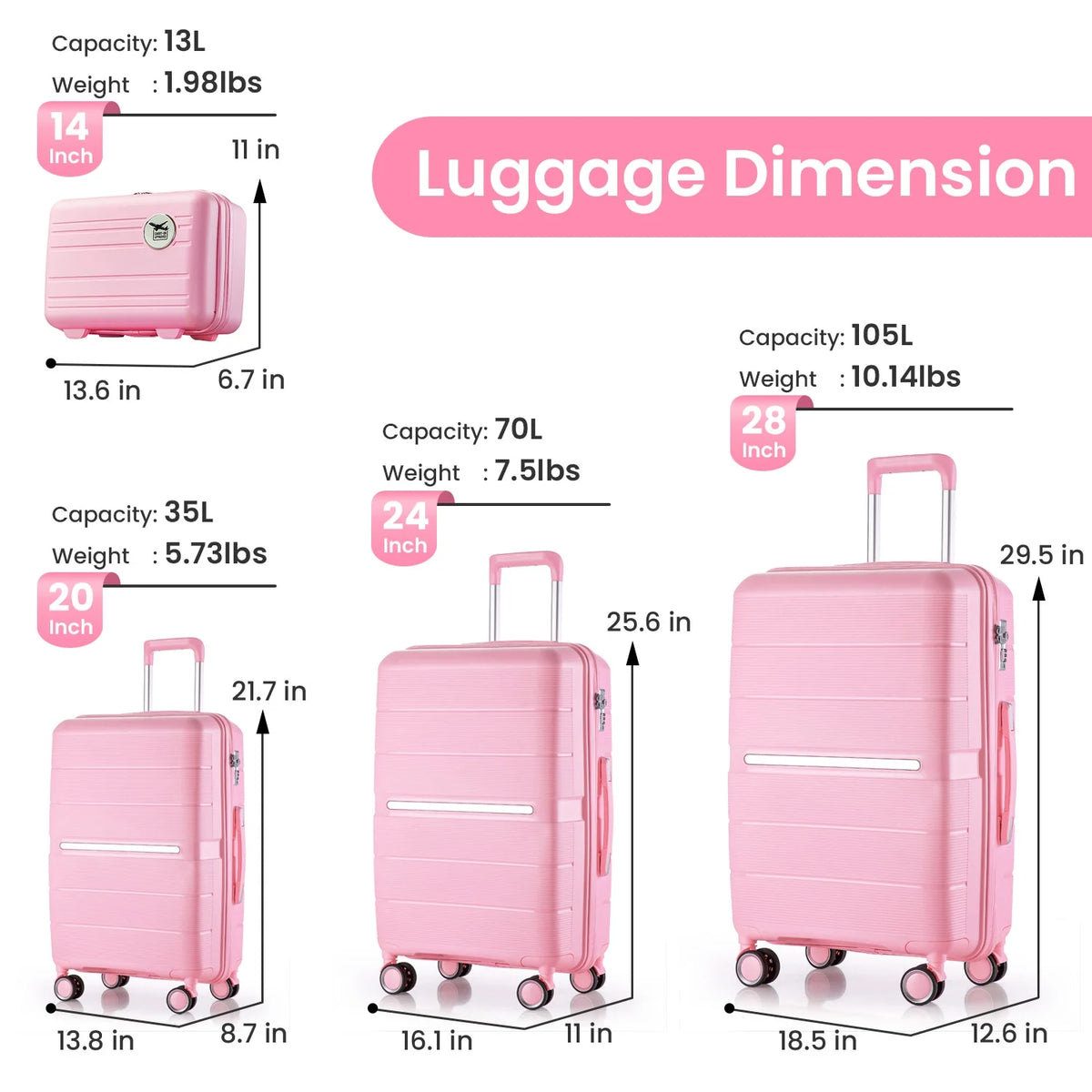 4 Piece Luggage Set, Expandable Lightweight Suitcase Set, PP Materials Travel Luggage with TSA Lock Spinner Wheels, White (14/20/24/28)