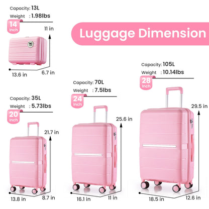 4 Piece Luggage Set, Expandable Lightweight Suitcase Set, PP Materials Travel Luggage with TSA Lock Spinner Wheels, White (14/20/24/28)