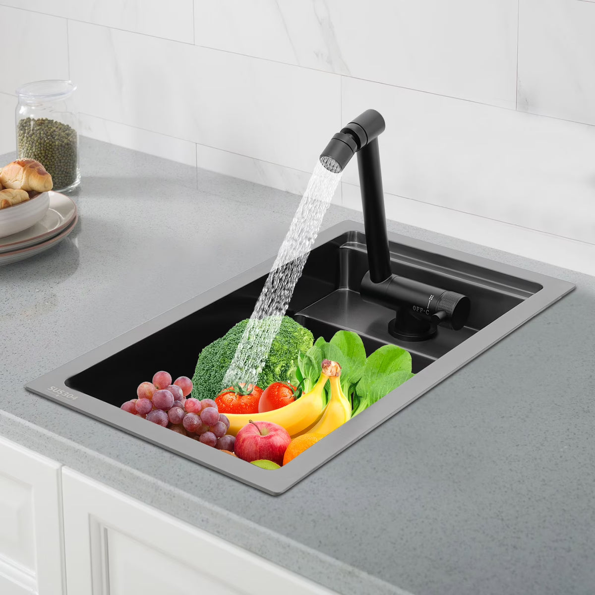 Modern Drop in Bar Sink, Single Bowl Kitchen Sink with Foldable Faucet, Black Nano 304 Stainless Steel Utility Sink for Compact Kitchen Commercial Hotel RV Laundry