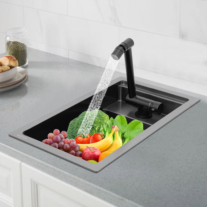 Modern Drop in Bar Sink, Single Bowl Kitchen Sink with Foldable Faucet, Black Nano 304 Stainless Steel Utility Sink for Compact Kitchen Commercial Hotel RV Laundry