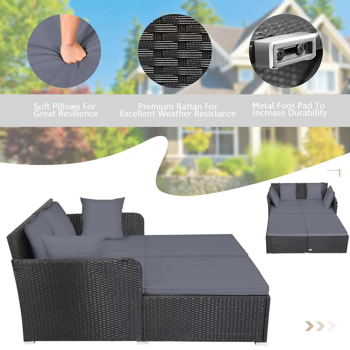 Costway Outdoor Patio Rattan Daybed Pillows Cushioned Sofa Furniture Beige