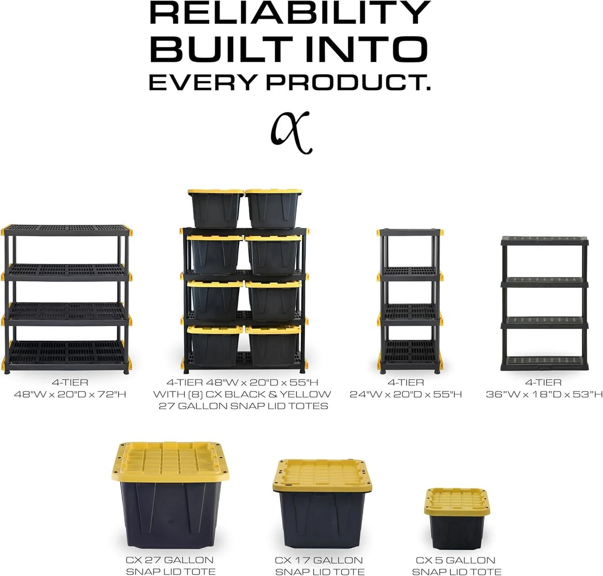 Black & Yellow, 5-Tier Heavy Duty Plastic Storage Shelving Unit, 200lbs/shelf (72��H x 48��W x 20��D), for Indoor/Outdoor Organization, Modular Rack