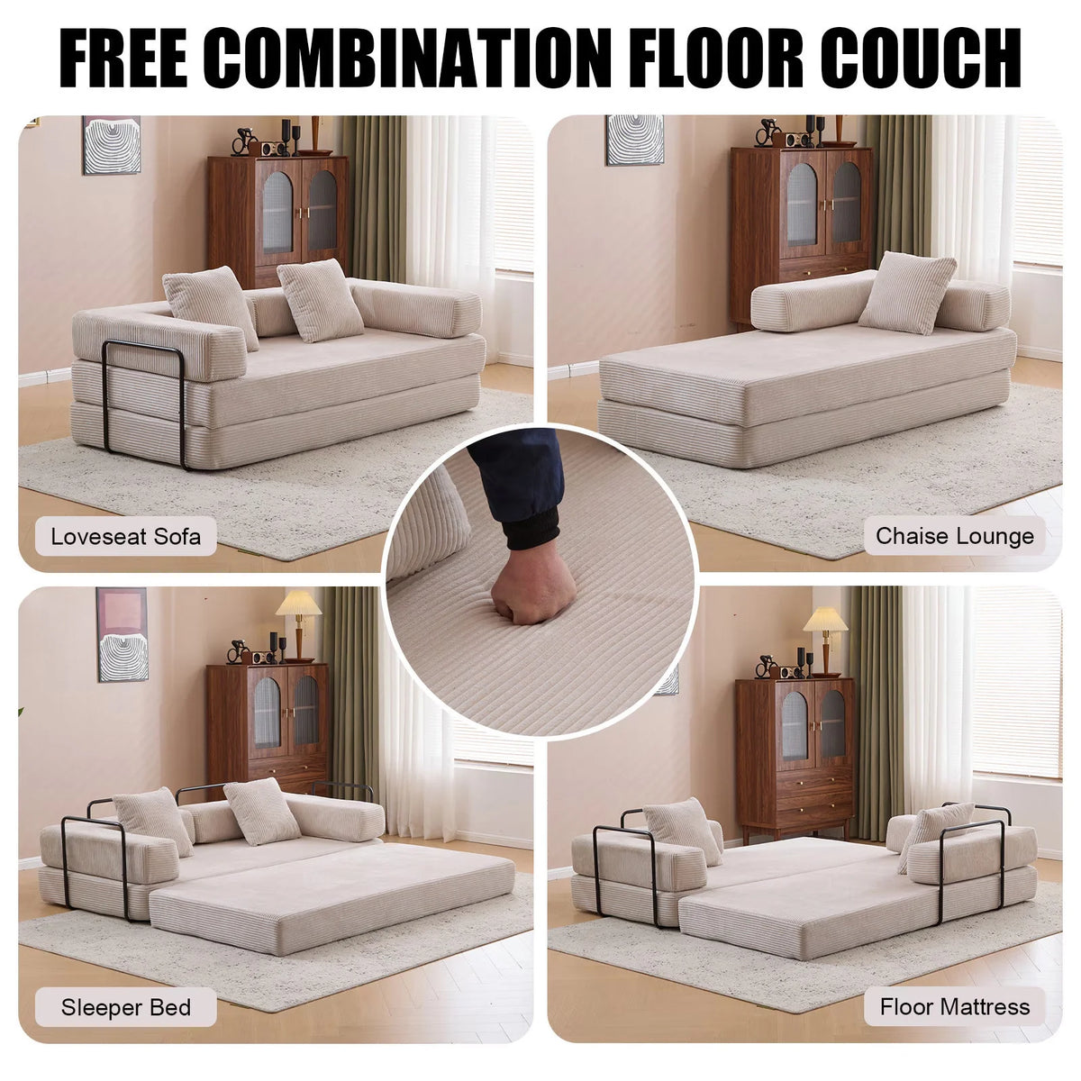 Taicans ?Convertible Floor Sofa Bed - 3 Seats Foldable Corduroy Futon Couch w/Pillow Support,Space-Saving Guest Bed for Living Room,Dorm,No Assembly Compressible Foam Mattress (Gray,76.7Inch L)