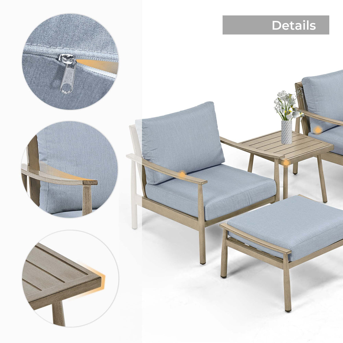 HAPPATIO Aluminum Outdoor Furniture Set - 5 Pieces Patio Furniture Set Includes 1 Side Table, 2 Swivel Chairs and 2 Ottomans with Thick Cushion, Patio Conversation Set for Backyard Poolside (Grey)