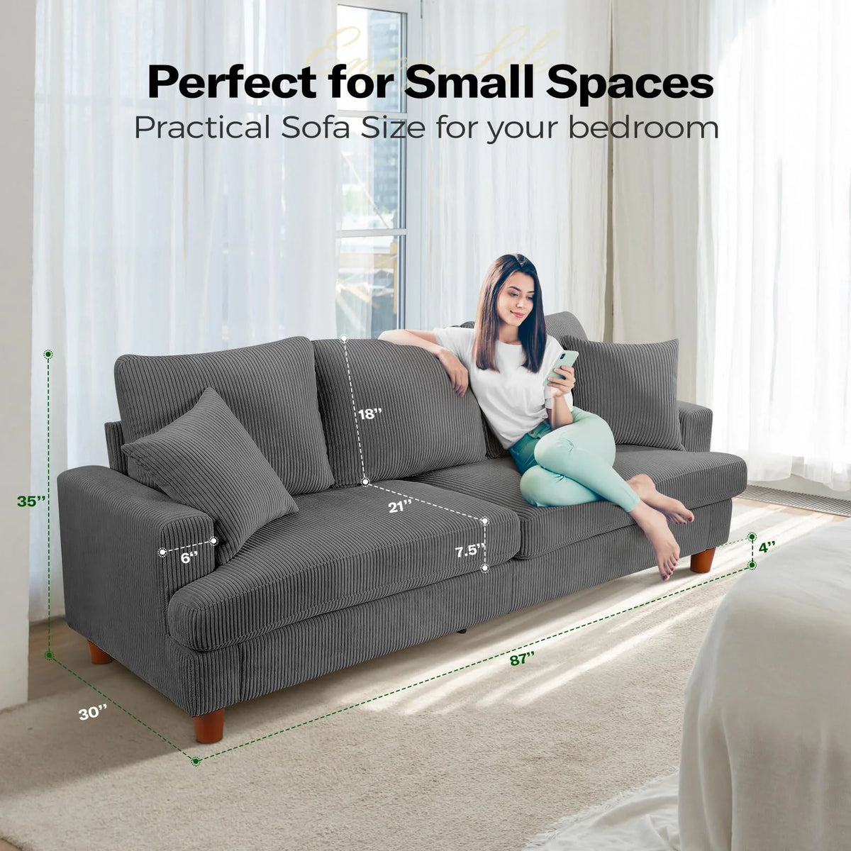 87" Corduroy Sofa,3 Seater Sofa with Extra Deep Seats,Neche Comfy Upholstered Couch for Living Room,2 Pillows,Green
