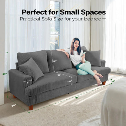 87" Corduroy Sofa,3 Seater Sofa with Extra Deep Seats,Neche Comfy Upholstered Couch for Living Room,2 Pillows,Green