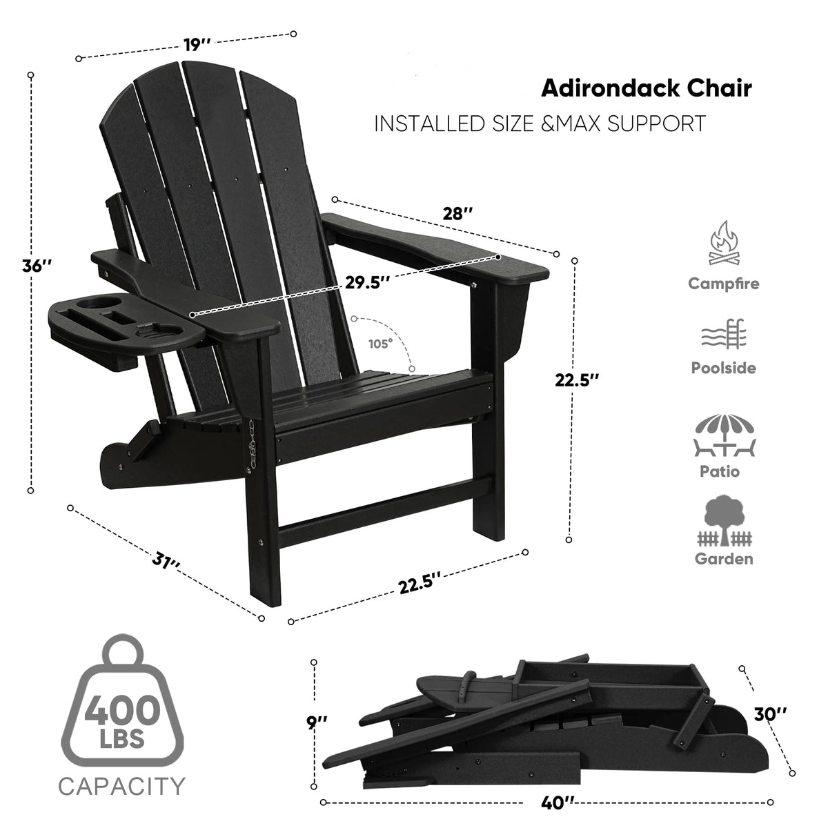 FOOWIN HDPE Plastic Adirondack Chairs Set of 4, Black